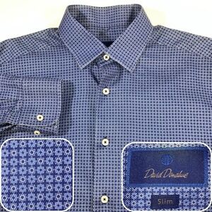 David Donahue Shirt Mens L Slim Blue Floral Geometric Button Front Cotton